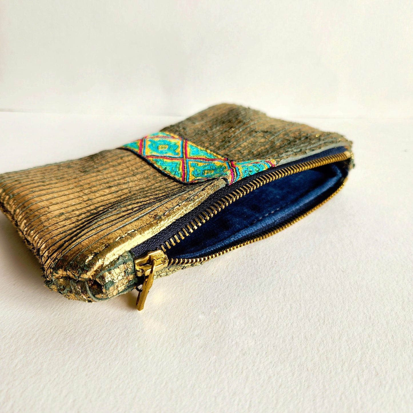 Distressed Gold Italian Leather With French Trim Pouch