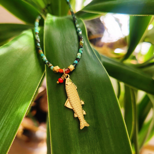 African Cube Turquoise Faceted Fish Necklace