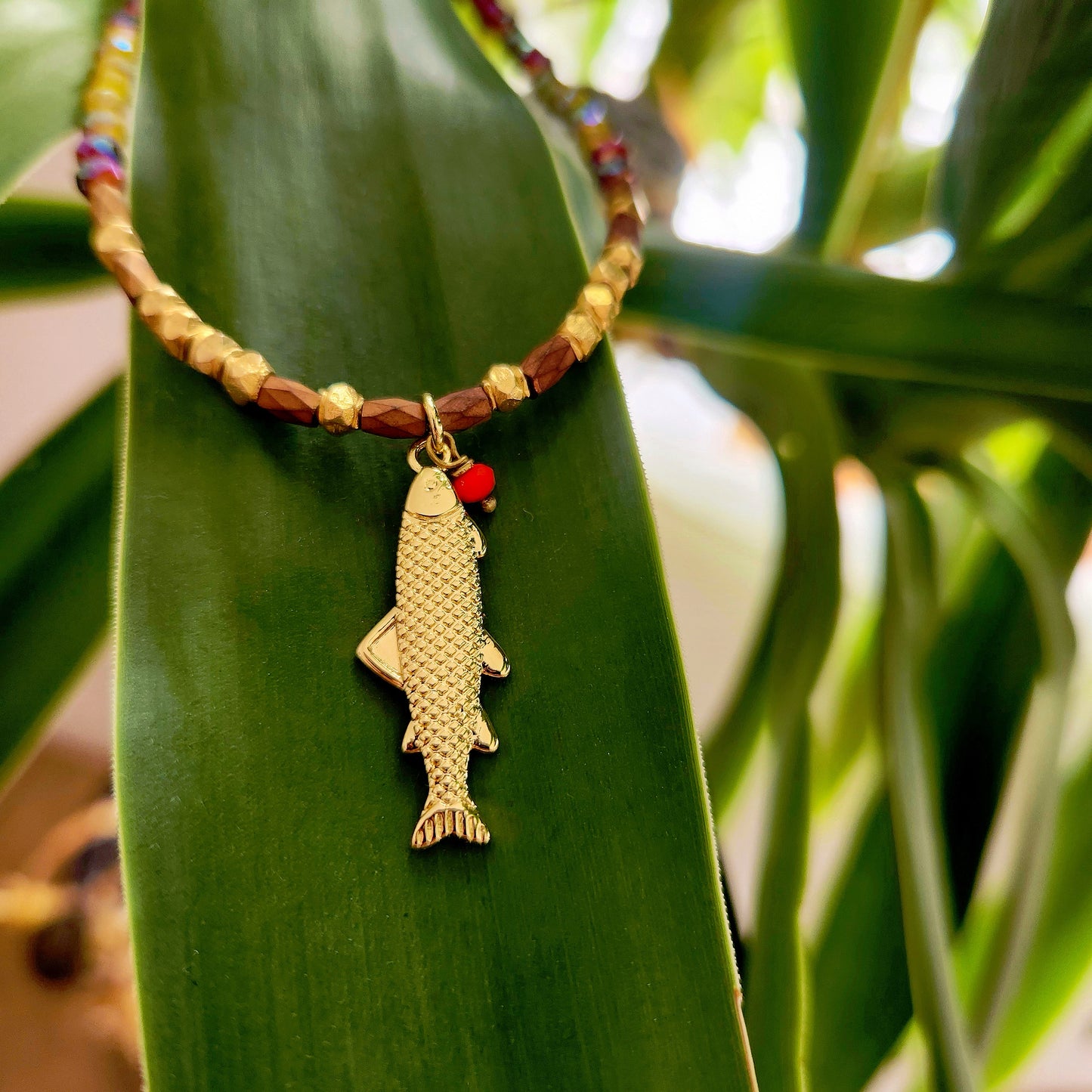 Chartreuse and Red Diamond Faceted Fish Necklace