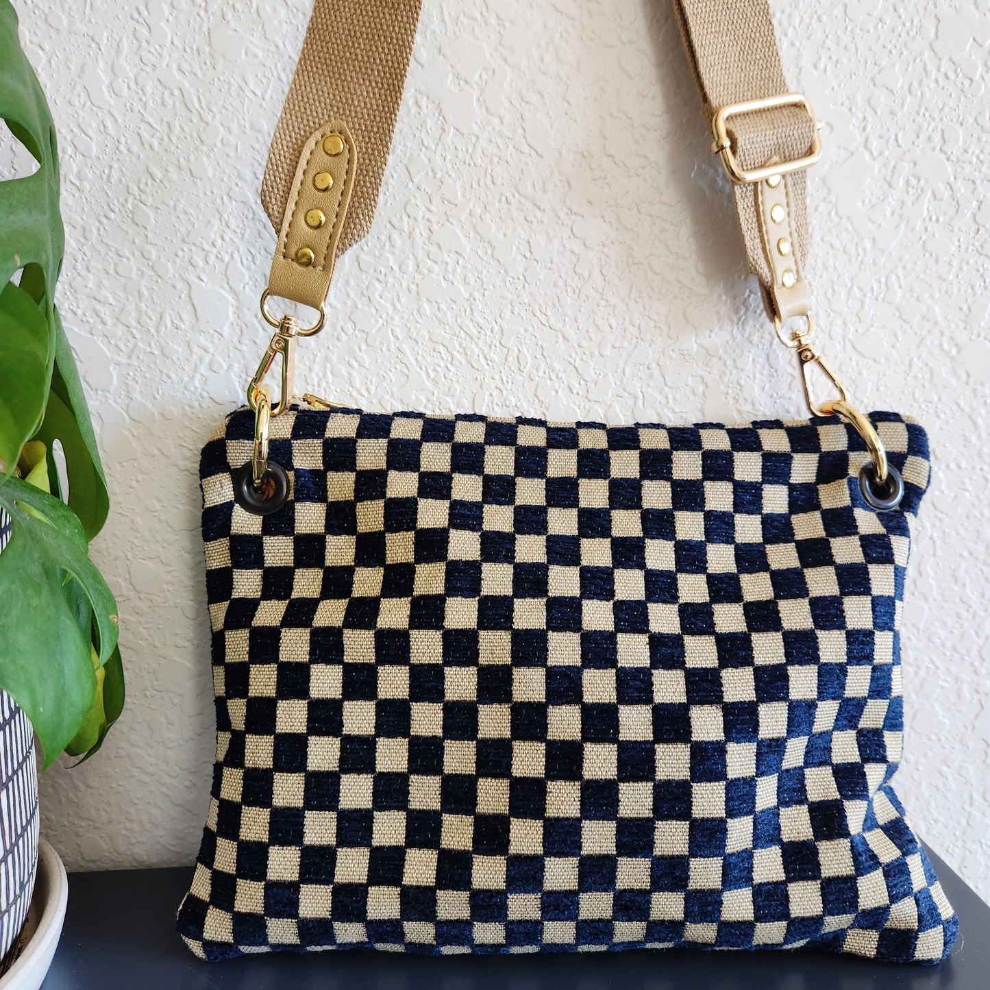 Vintage Velvet Checkered Crossbody Bag