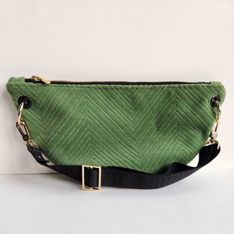 Vintage Green Chevron Velvet Fanny Bag