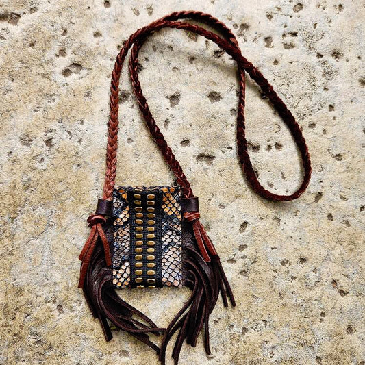Snake Print Pouch Necklace with Fringe