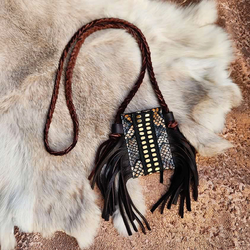 Snake Print Pouch Necklace with Fringe