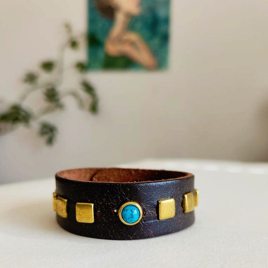 Vintage Brown Turquoise Leather Cuff Bracelet