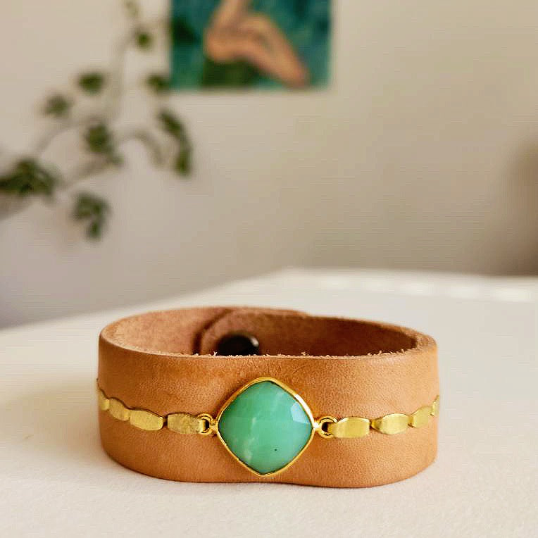 Natural Tan Chrysoprase Diamond Leather Cuff Bracelet