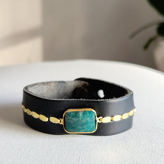Black Emerald Leather Cuff Bracelet