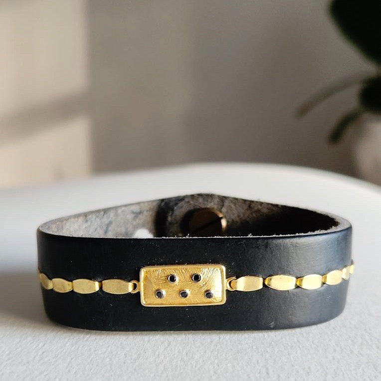Black Leather Cuff Bracelet With 22kt Gold Overlay