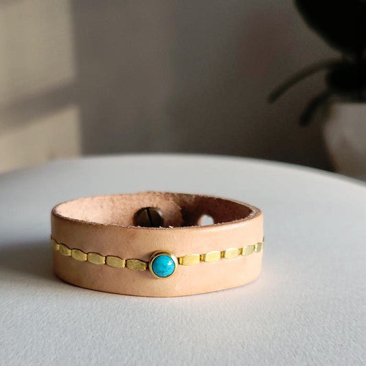 Turquoise Leather Cuff Bracelet In Natural Buff