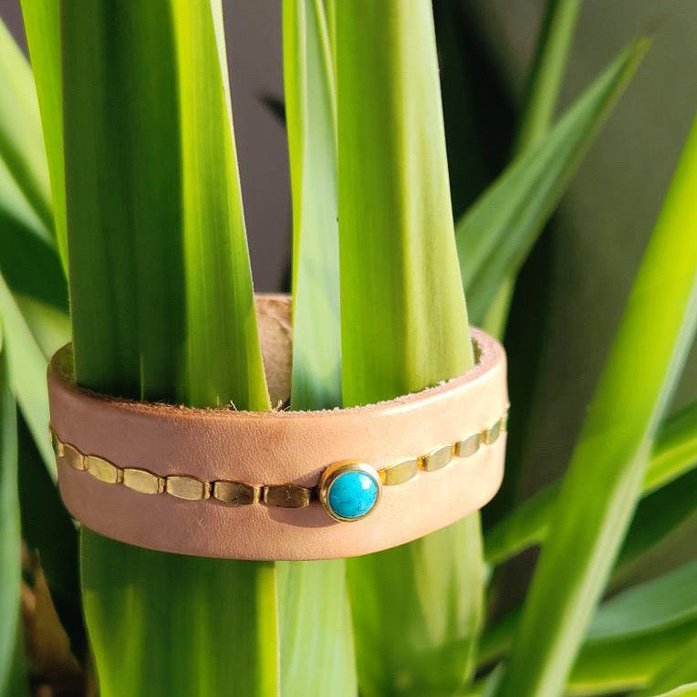Turquoise Leather Cuff Bracelet In Natural Buff