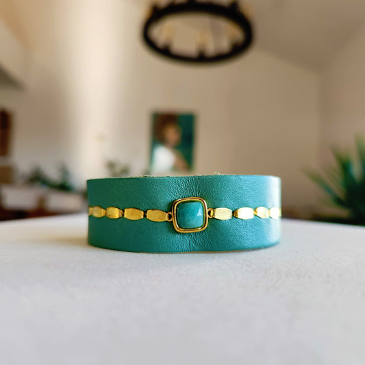 Green Apatite Leather Cuff