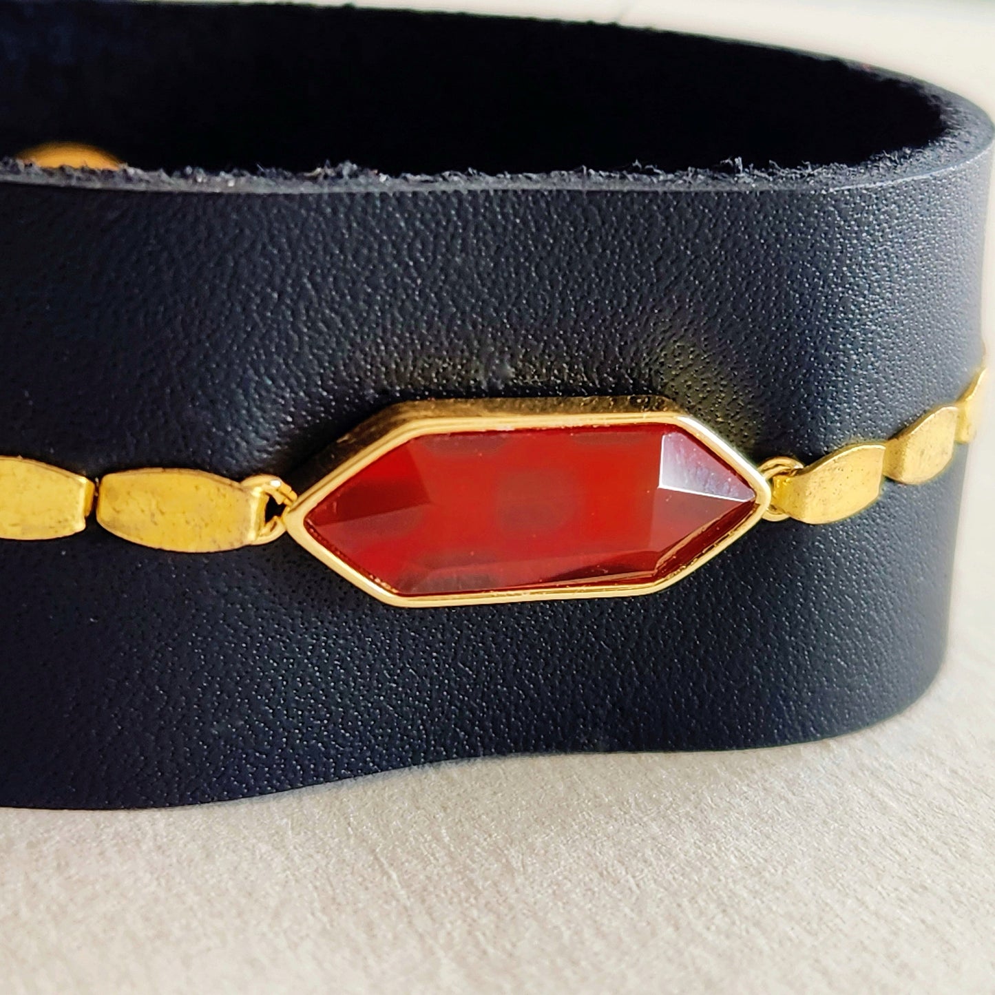 Black Carnelian Leather Cuff Bracelet