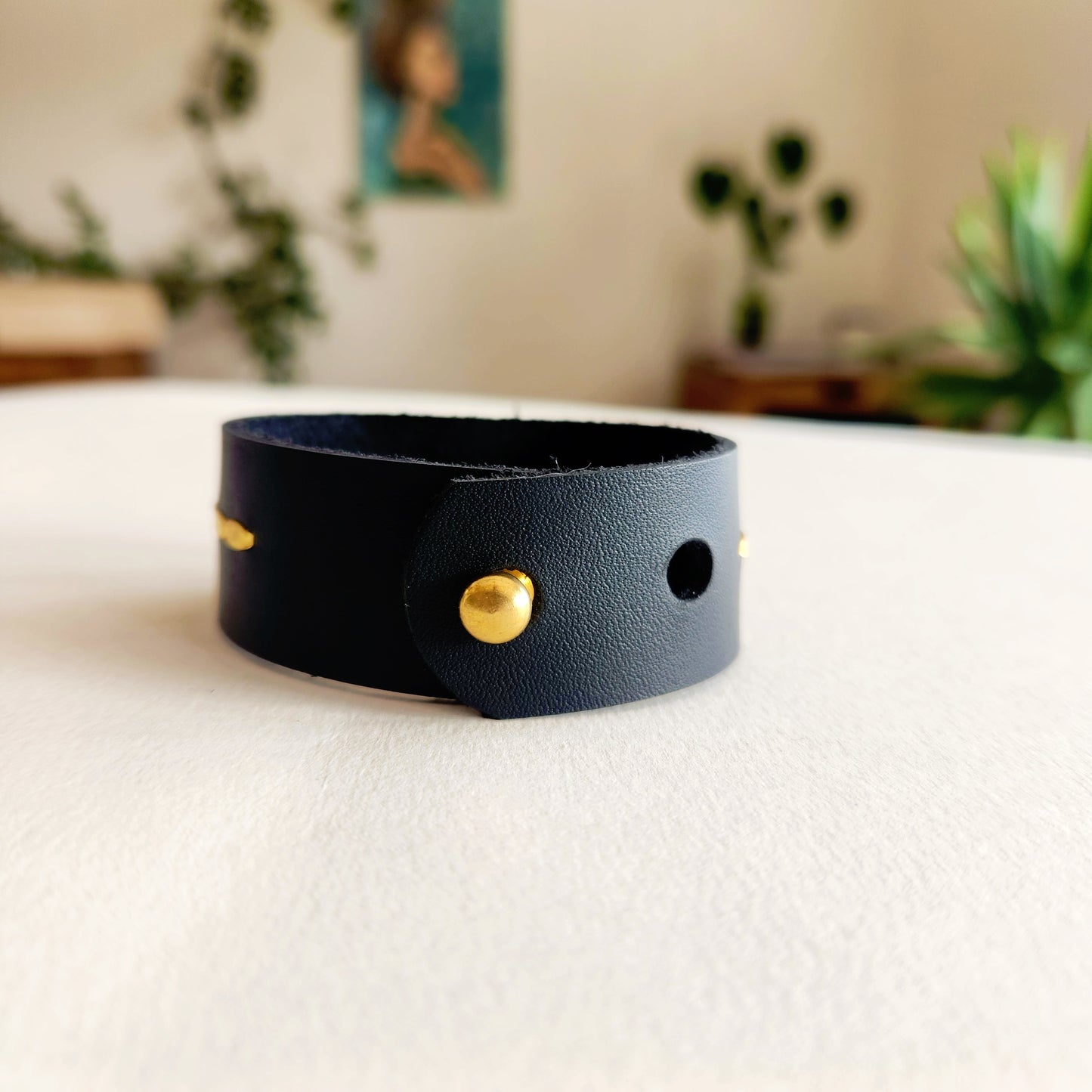 Black Lapis Leather Cuff Bracelet