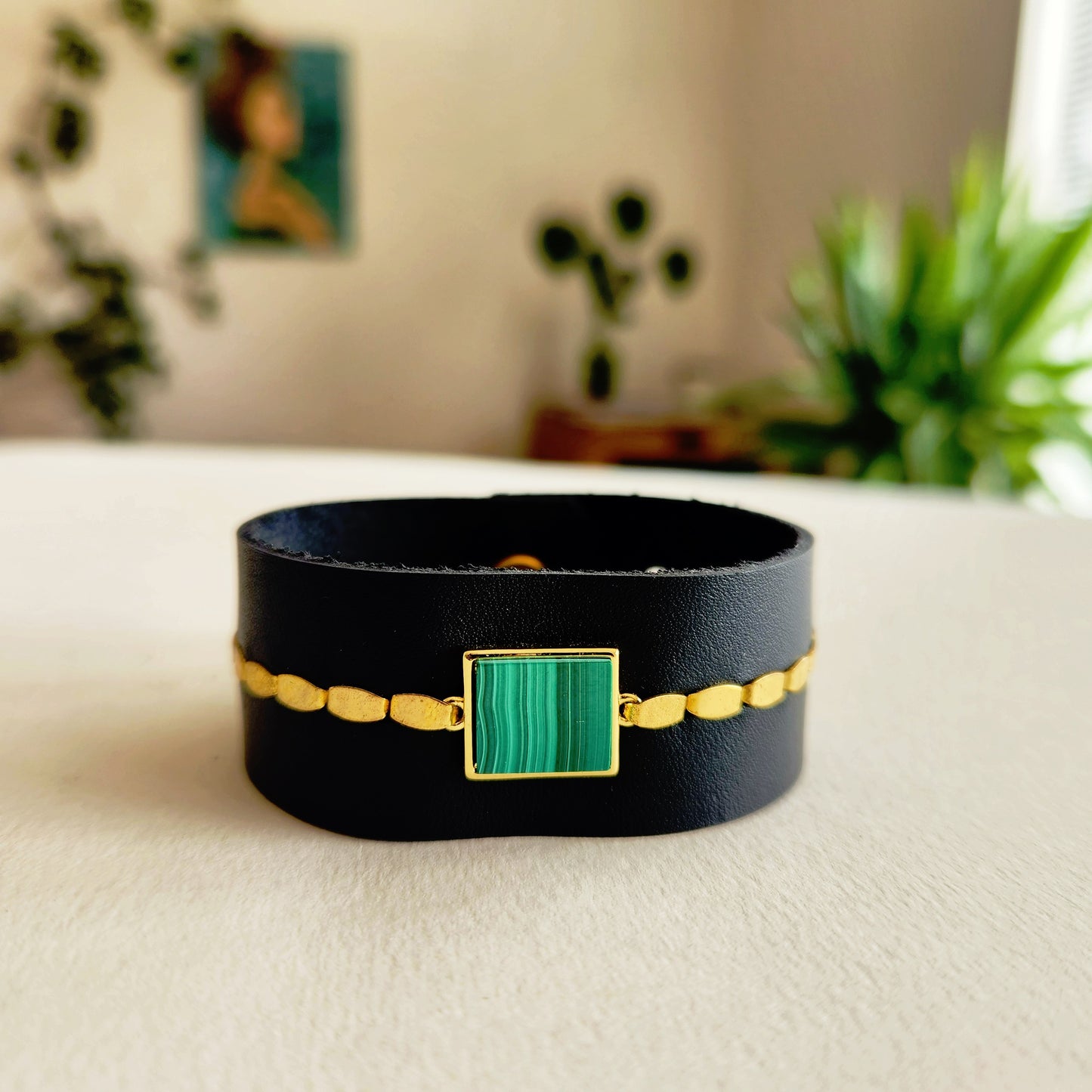 Black Malachite Leather Cuff Bracelet