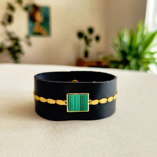 Black Malachite Leather Cuff Bracelet