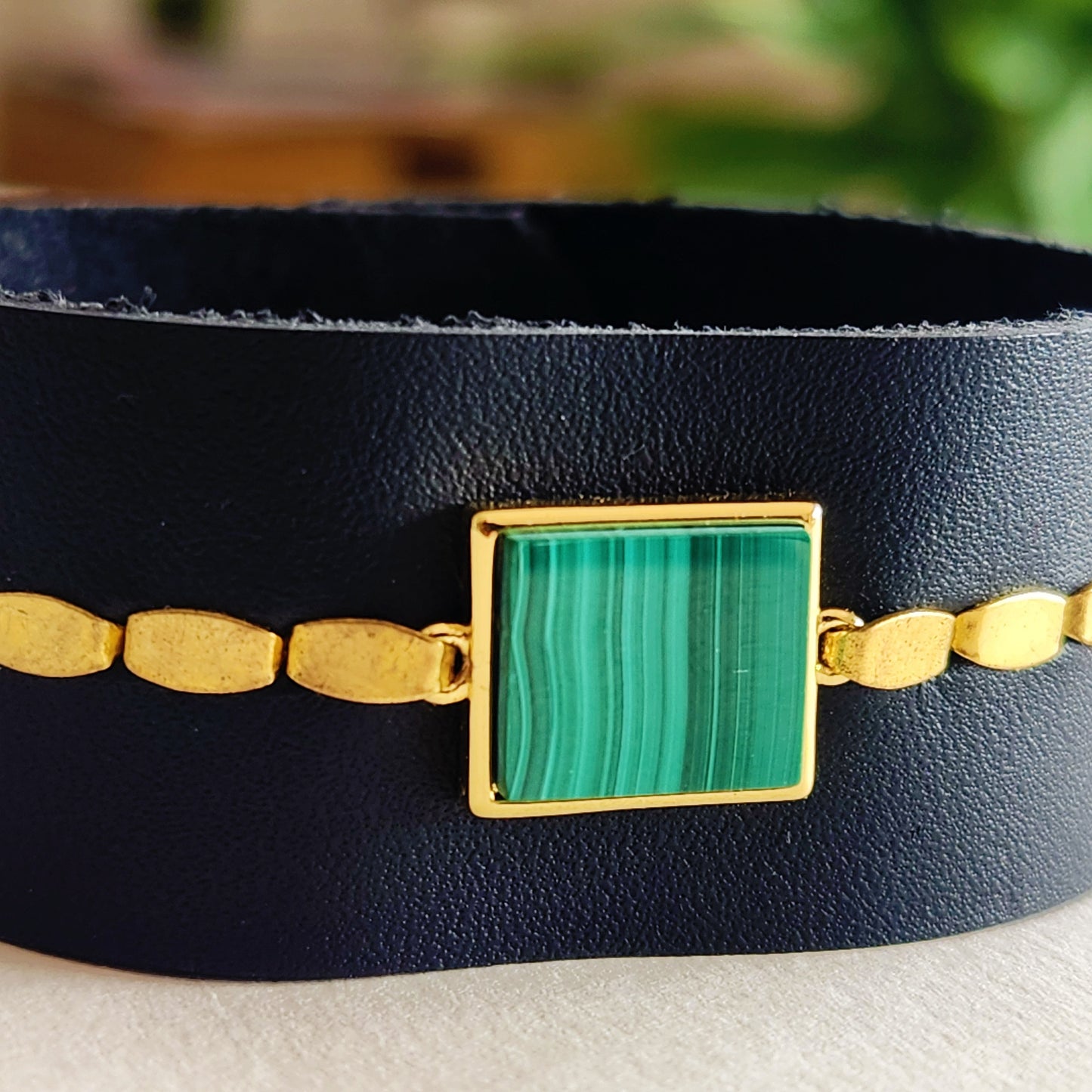Black Malachite Leather Cuff Bracelet