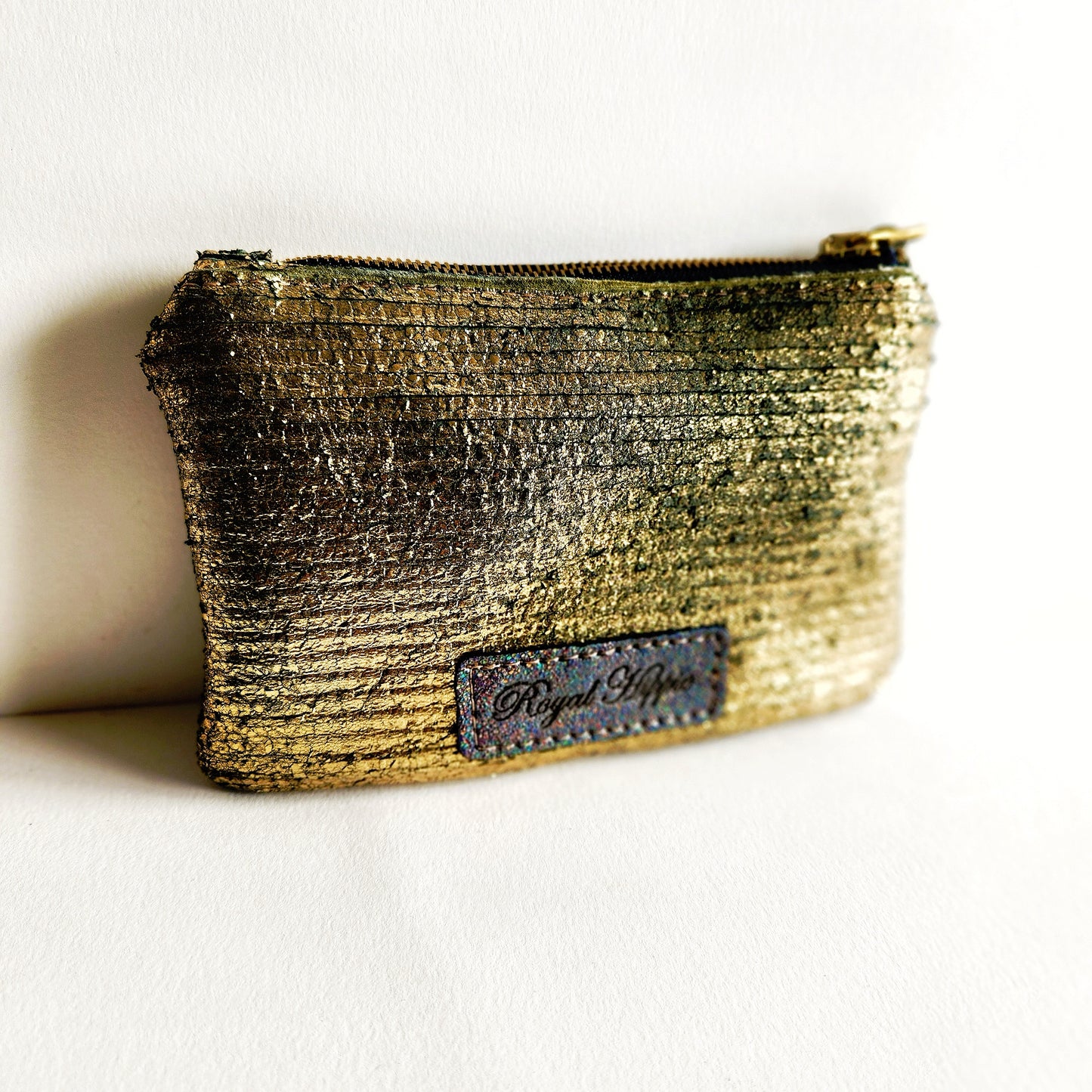 Distressed Gold Italian Leather With French Trim Pouch