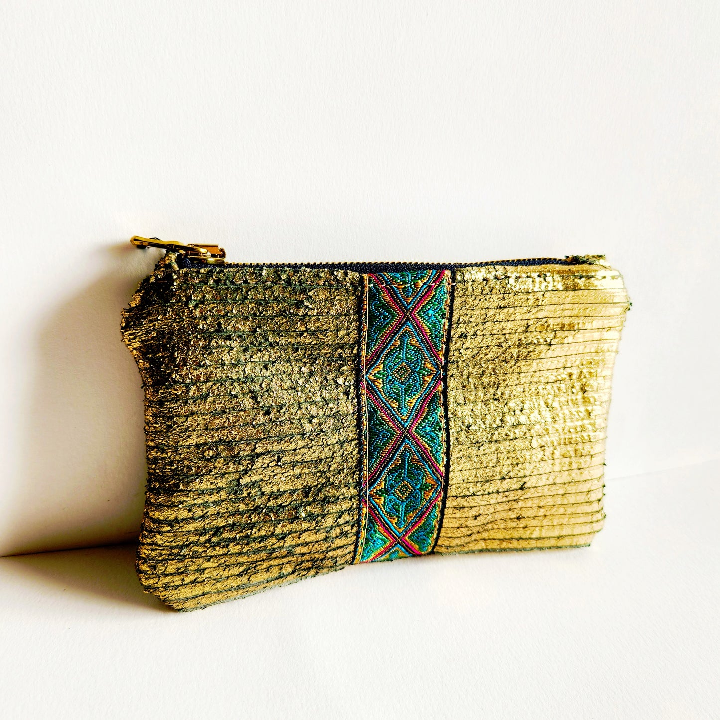 Distressed Gold Italian Leather With French Trim Pouch