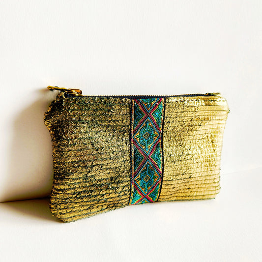 Distressed Gold Italian Leather With French Trim Pouch