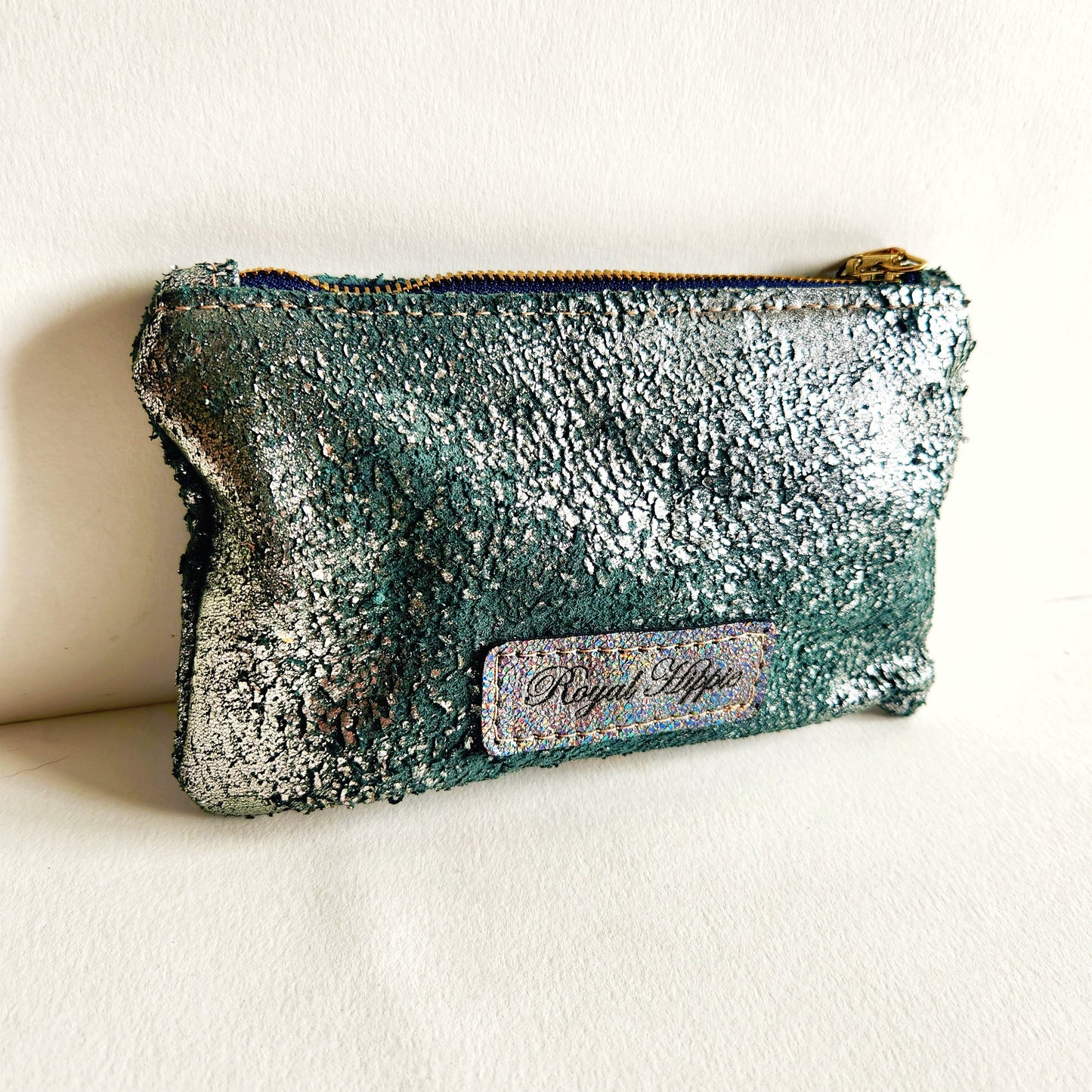 Distressed Pewter Italian Leather With French Trim Pouch