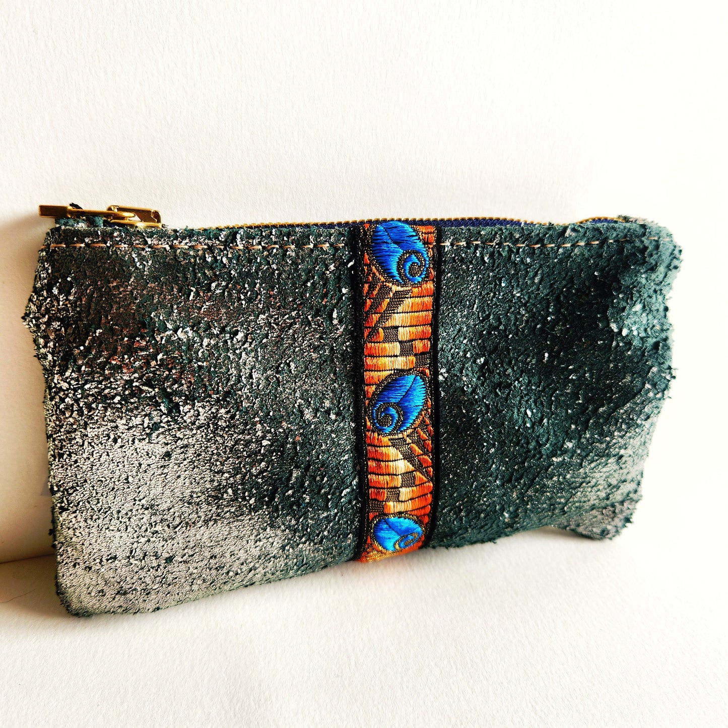 Distressed Pewter Italian Leather With French Trim Pouch