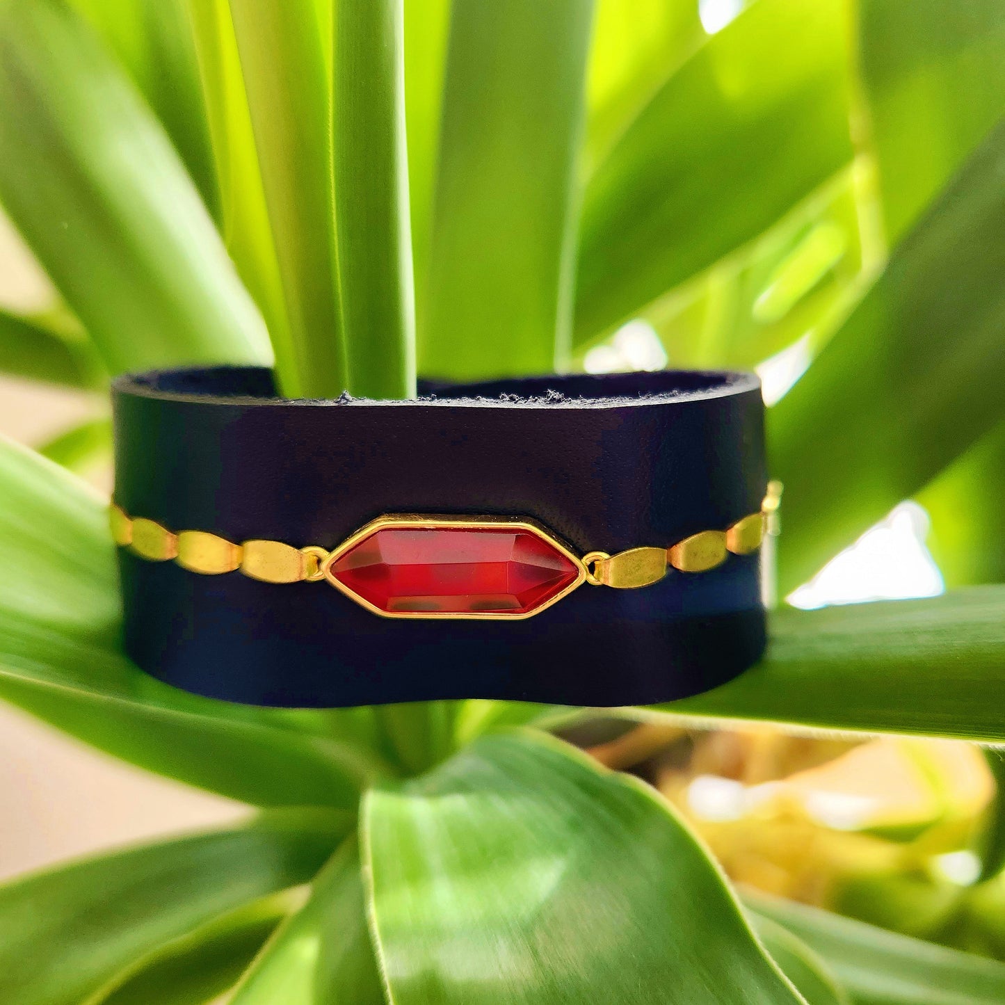 Black Carnelian Leather Cuff Bracelet