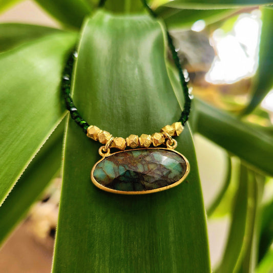 Azurite Malachite Green Goldstone Cube Necklace