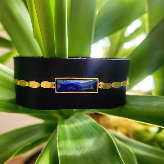 Black Lapis Leather Cuff Bracelet