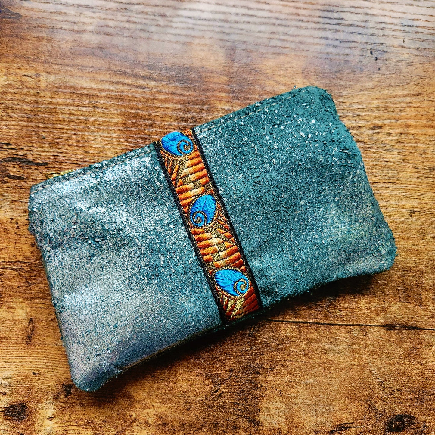 Distressed Pewter Italian Leather With French Trim Pouch