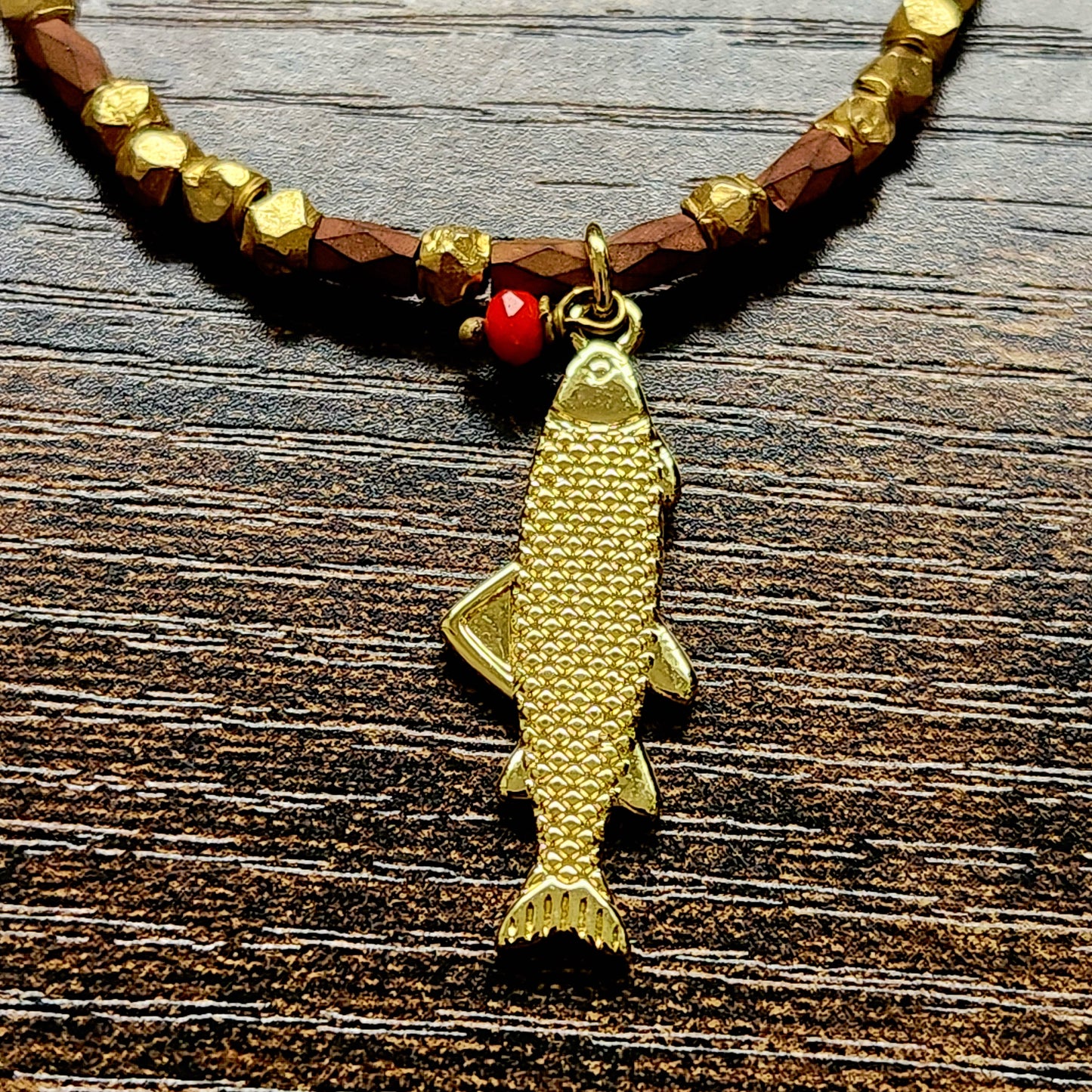 Chartreuse and Red Diamond Faceted Fish Necklace