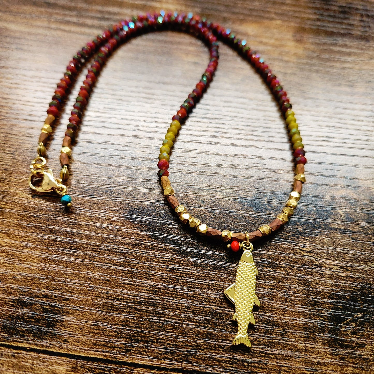 Chartreuse and Red Diamond Faceted Fish Necklace