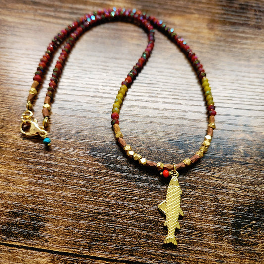 Chartreuse and Red Diamond Faceted Fish Necklace