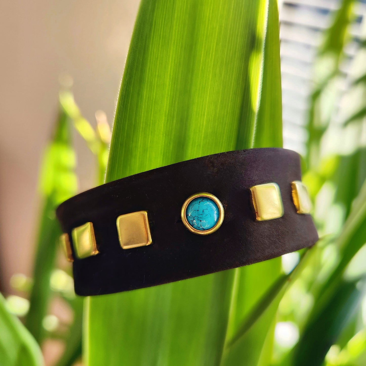 Chocolate Turquoise Square Leather Cuff Bracelet