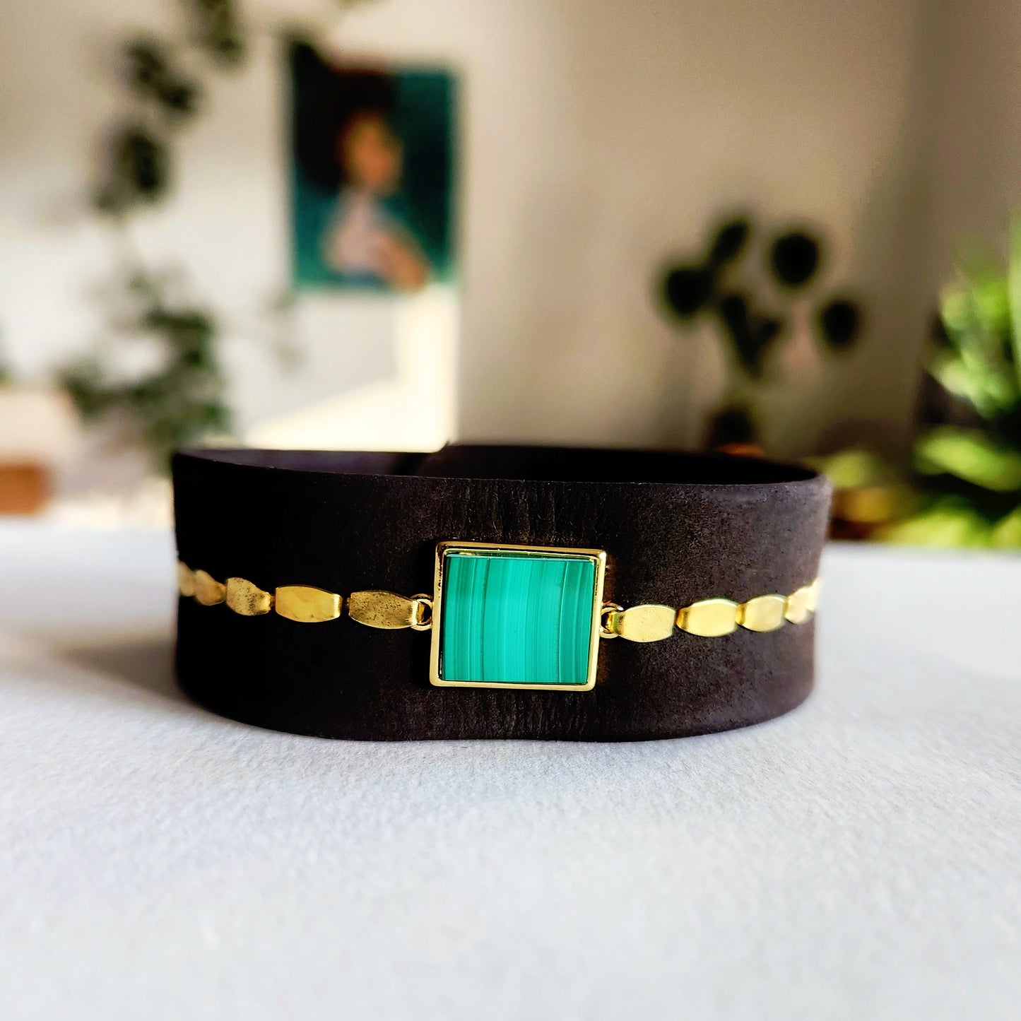 Chocolate Malachite Suede Cuff Bracelet