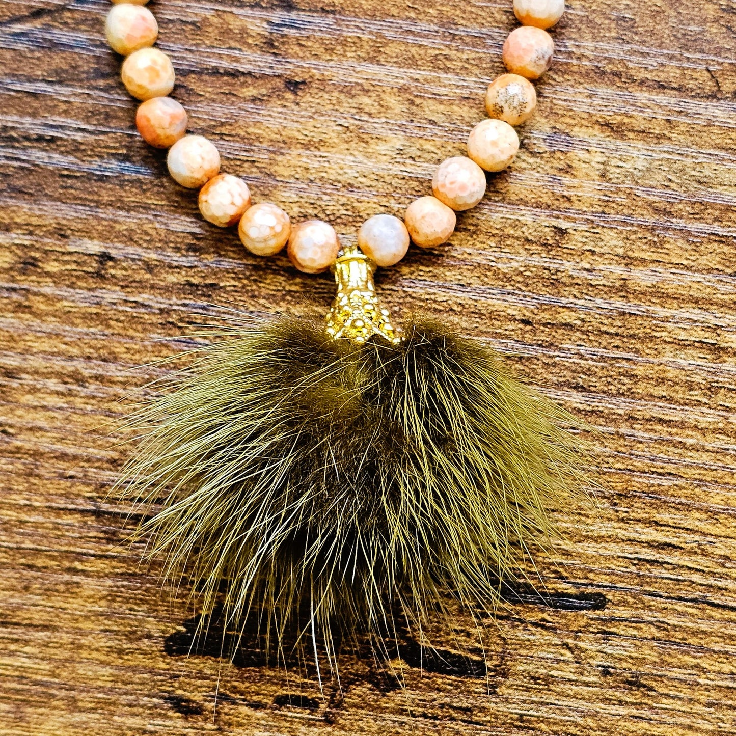 Peach Agate Faux Fur Necklace