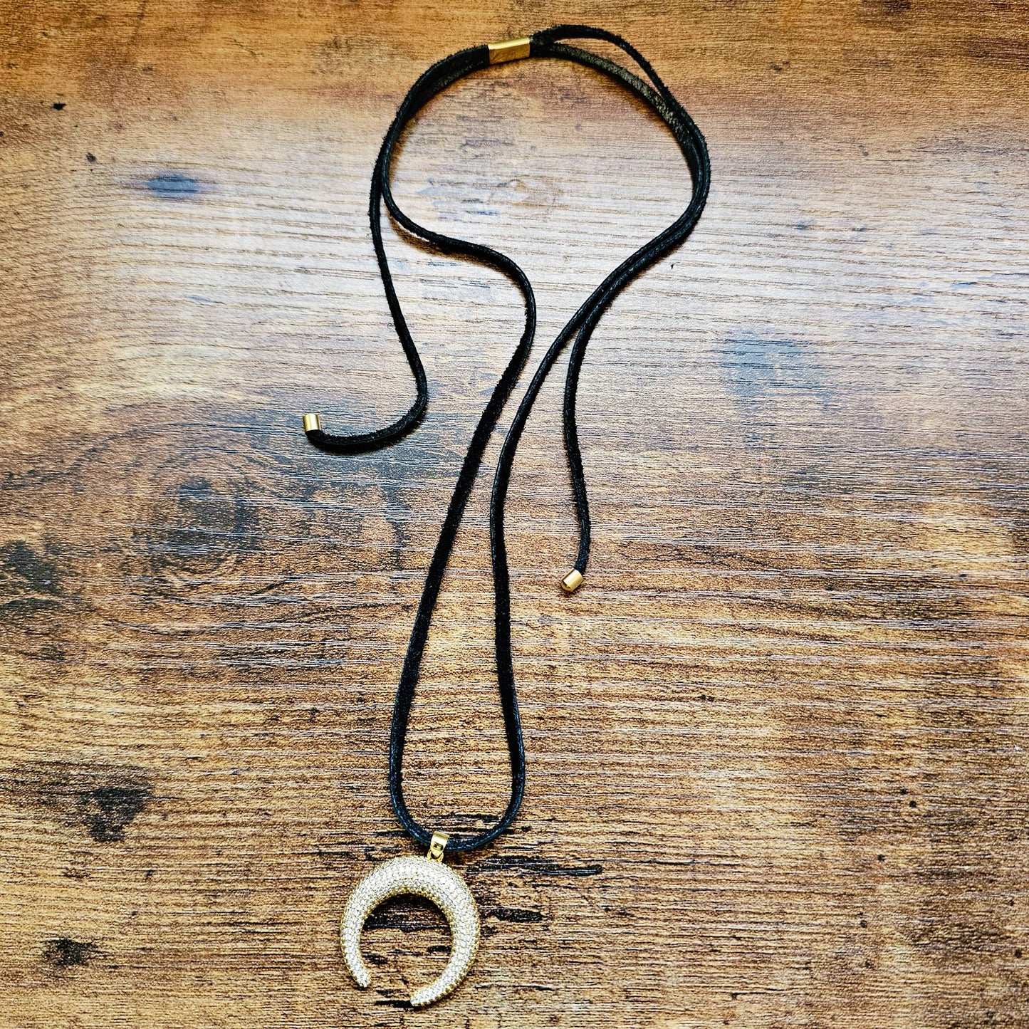 Gold Filed Rhinestone Moon Leather Necklace