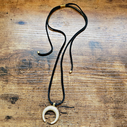 Gold Filed Rhinestone Moon Leather Necklace