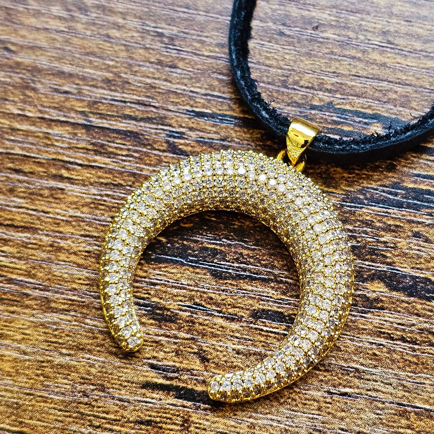 Gold Filed Rhinestone Moon Leather Necklace