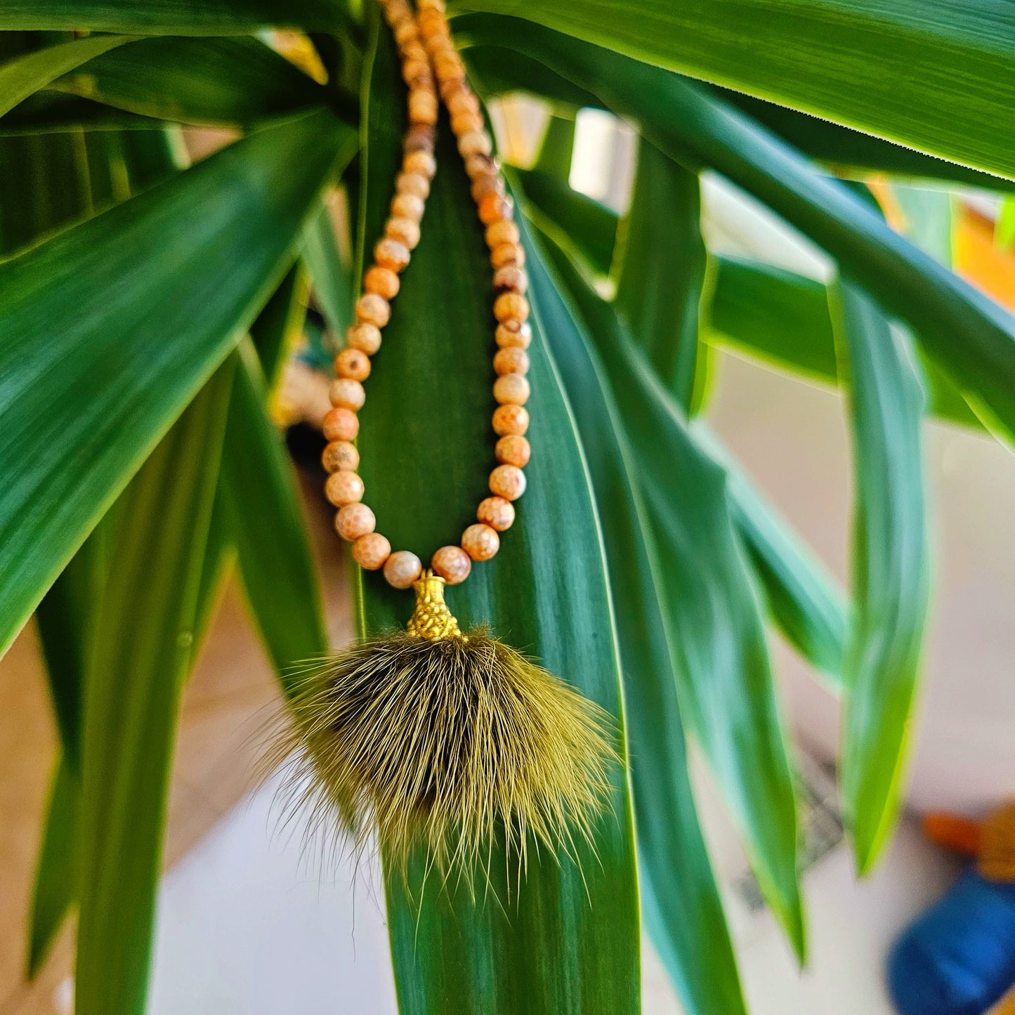 Peach Agate Faux Fur Necklace