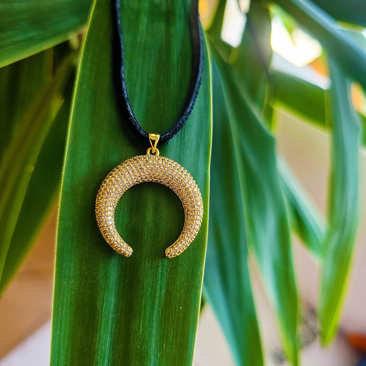 Gold Filed Rhinestone Moon Leather Necklace