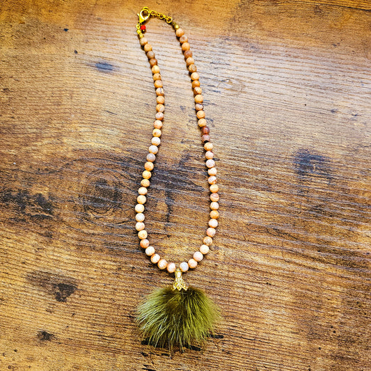 Peach Agate Faux Fur Necklace
