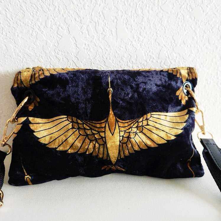 Black and Gold Heron Canvas Strap Crossbody Bag