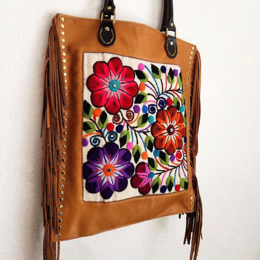 Handcrafted Camel Floral Fringe Tote