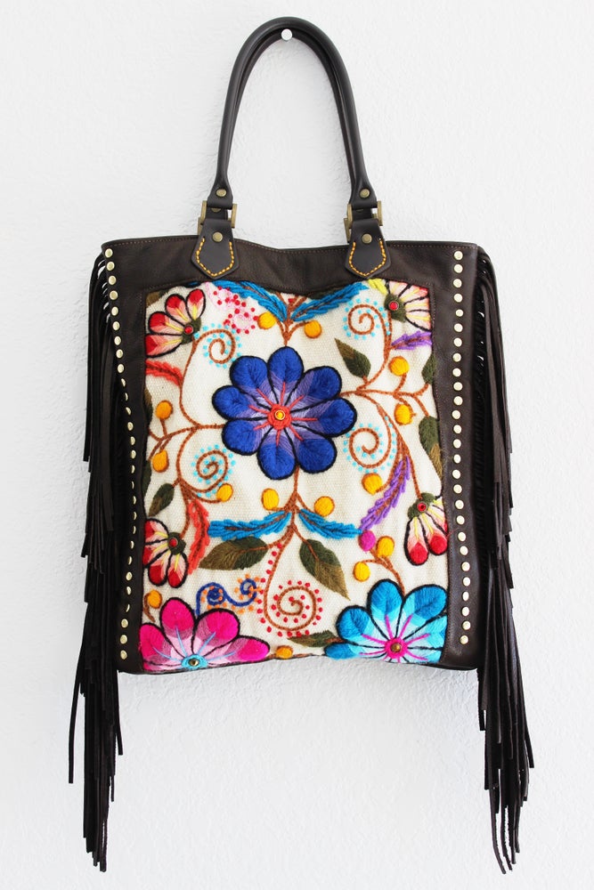Handcrafted Floral Fringe Chocolate Tote