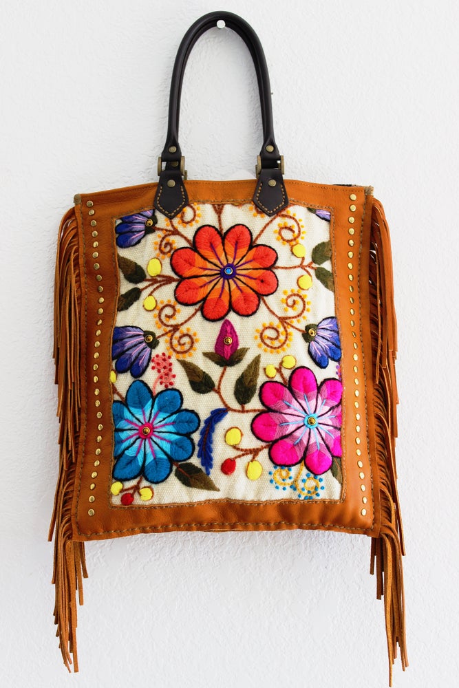Handcrafted Floral Fringe Tan Tote
